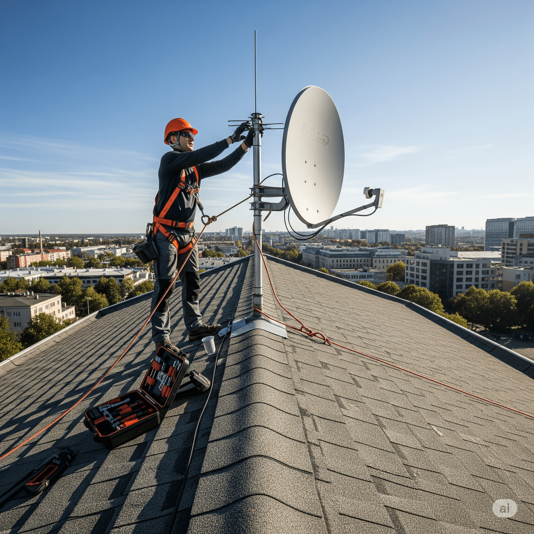 Professional rooftop satellite installation work